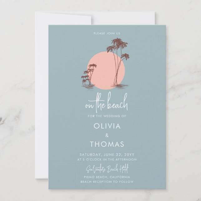 Simple Modern Dusty Blue Palm Trees Beach Wedding Invitation (Front)