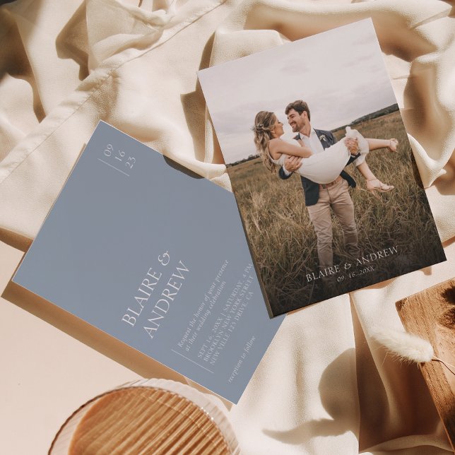 Simple Modern Dusty Blue with Photo Wedding Invitation (Creator Uploaded)