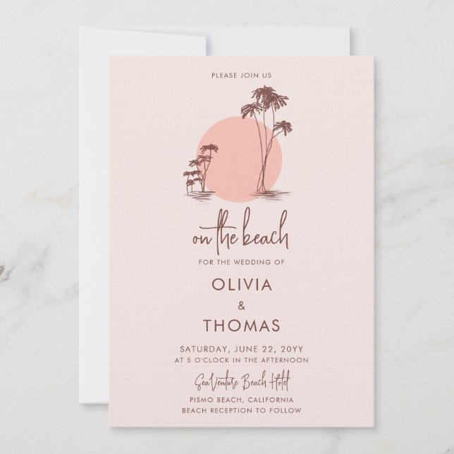 Simple Modern Dusty Pink Palm Trees Beach Wedding Invitation (Front)