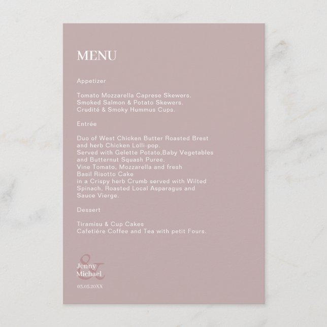 Simple modern Dusty Rose White wedding Menu (Front)