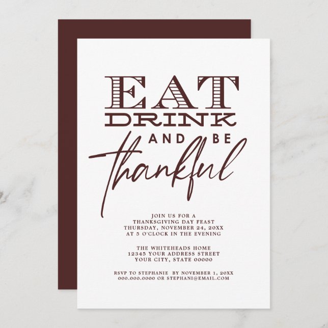 Simple Modern Eat Drink Thankful Thanksgiving Invitation (Front/Back)
