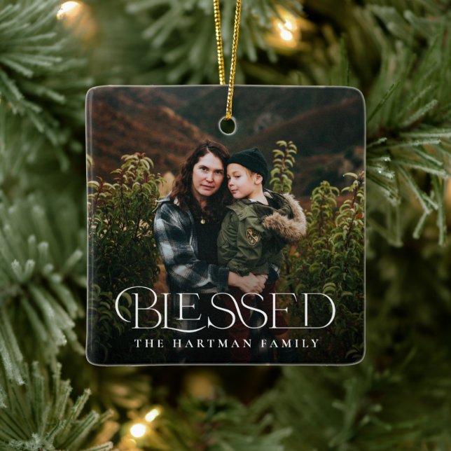 Simple Modern Elegant Blessed 2 Photo Christmas  Ceramic Ornament (Tree)