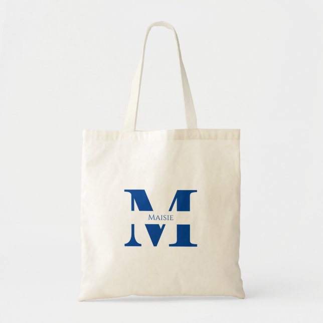 Simple Modern Elegant Blue Personalised Monogram Tote Bag (Front)