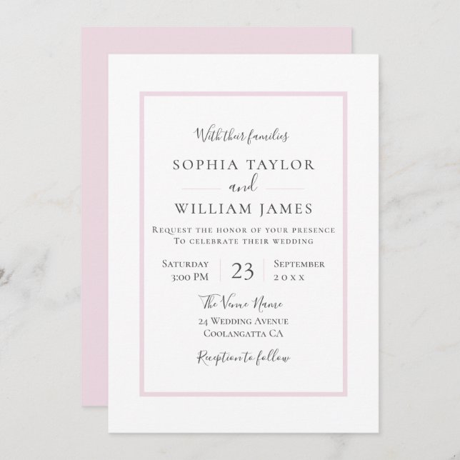 Simple Modern Elegant Blush Border Wedding Invitation (Front/Back)