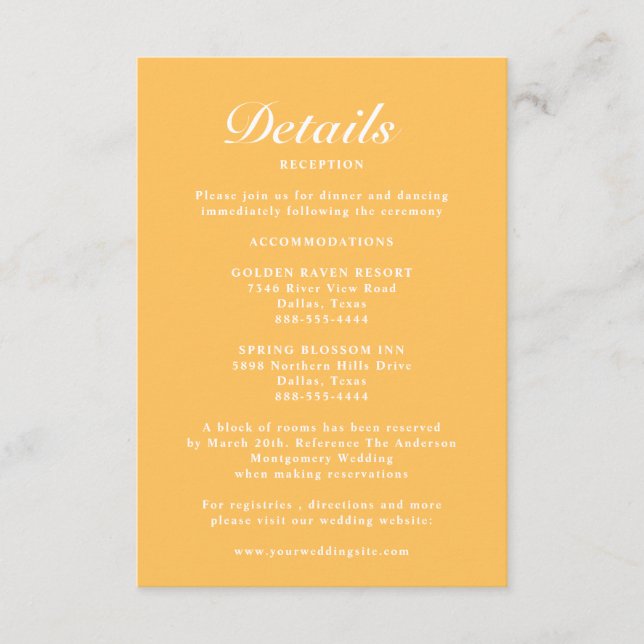 Simple Modern Elegant Bright Yellow Wedding Detail Enclosure Card (Front)