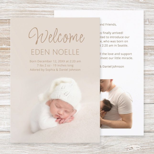 Simple Modern Elegant Brown Script Baby Girl Birth Announcement (Modern, elegant, brown script 2 photo newborn birth announcement flat card. Simple baby photo card.)
