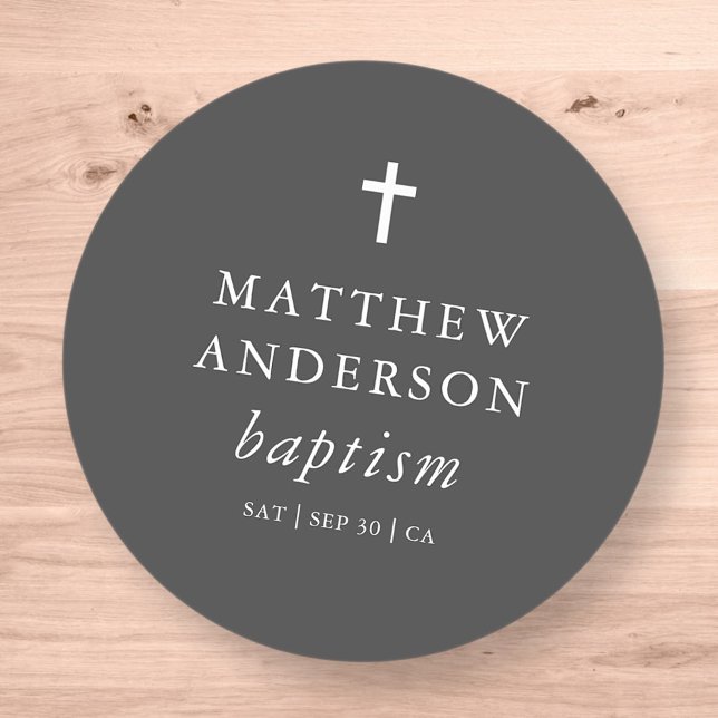 Simple Modern Elegant Cross Baby Baptism Classic Round Sticker (Creator Uploaded)