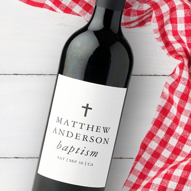 Simple Modern Elegant Cross Baby Baptism Wine Label (Creator Uploaded)