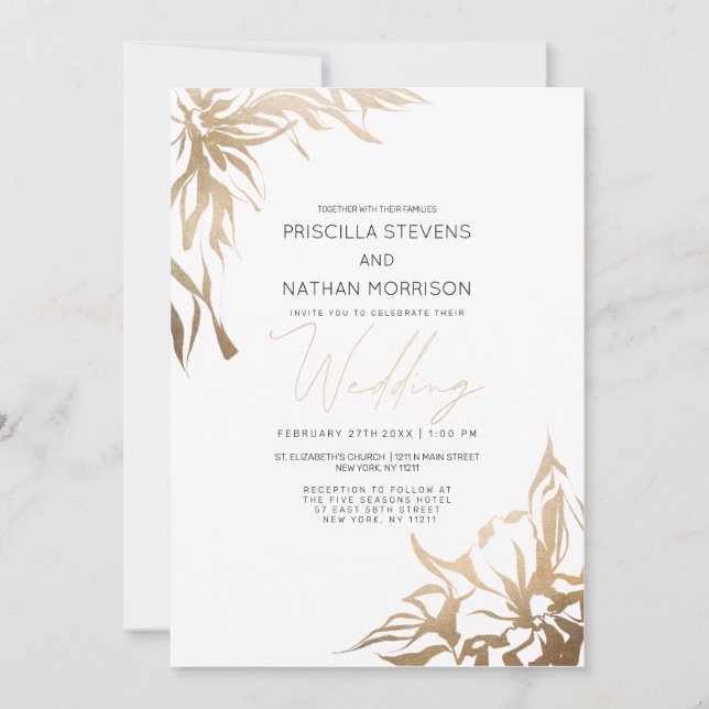 Simple Modern Elegant Gold Abstract Flora Wedding Invitation (Front)