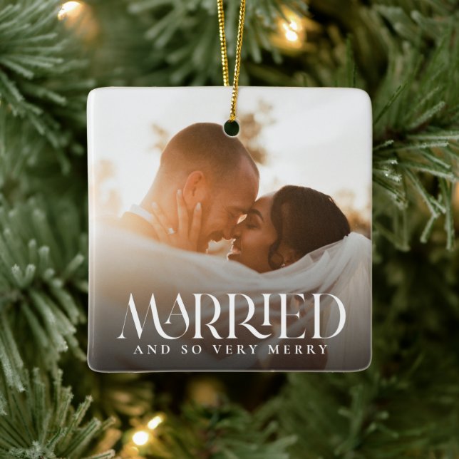 Simple Modern Elegant Married 2 Photo Christmas Ceramic Ornament (Tree)