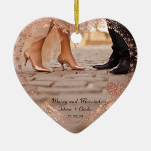 Simple Modern Elegant Married 2 Photo Christmas  Ceramic Ornament