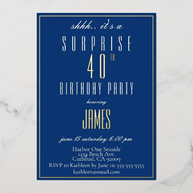 Simple Modern Elegant Navy 40th Birthday (Front)