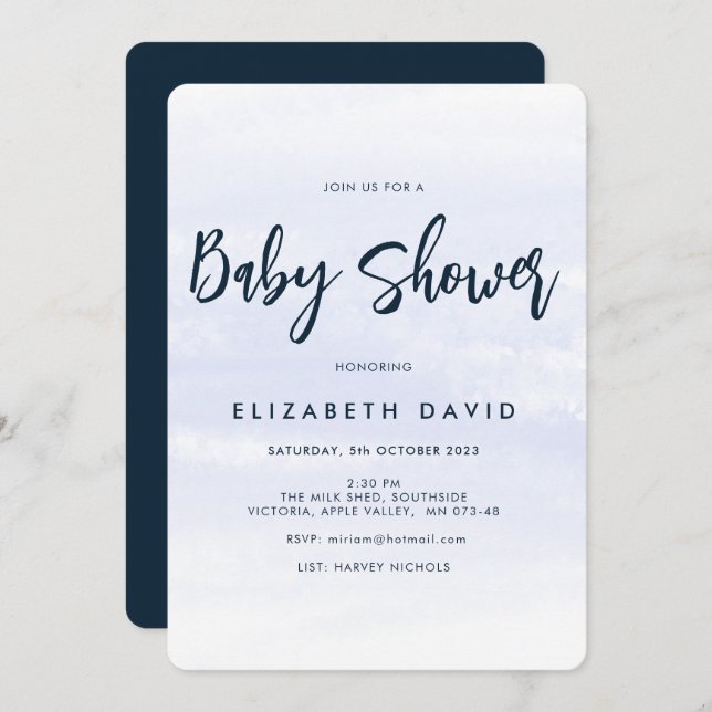 Simple modern Elegant Navy Blue Baby Shower Invitation (Front/Back)