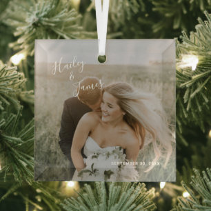 Simple Modern Elegant Photo Newlywed Glass Tree Decoration