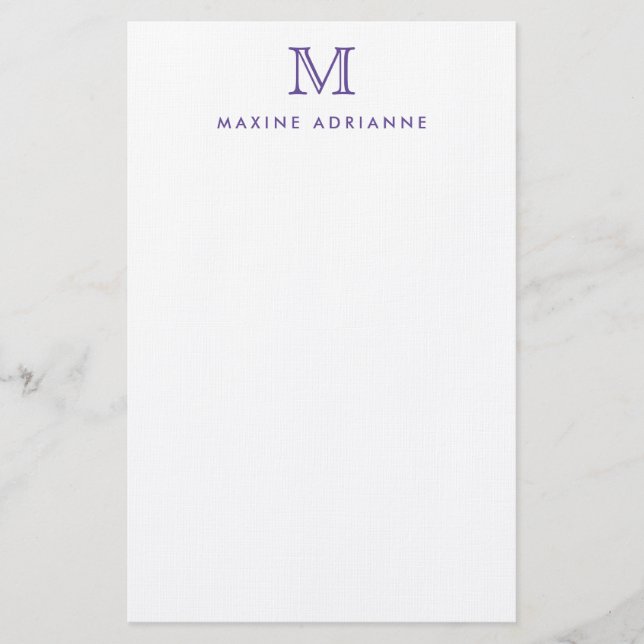 Simple Modern Elegant Purple Monogram Initial Stationery (Front)