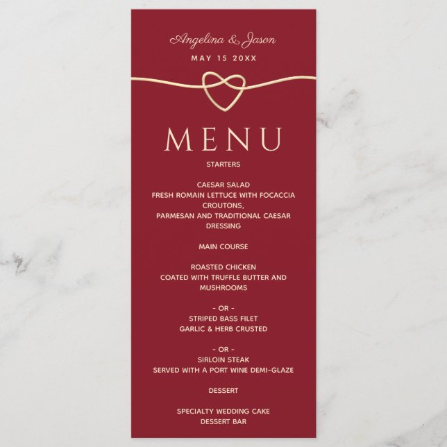 Simple Modern Elegant Red and Gold Heart Wedding Menu (Front)