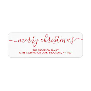Simple Modern Elegant Red Merry Christmas Script Return Address Label