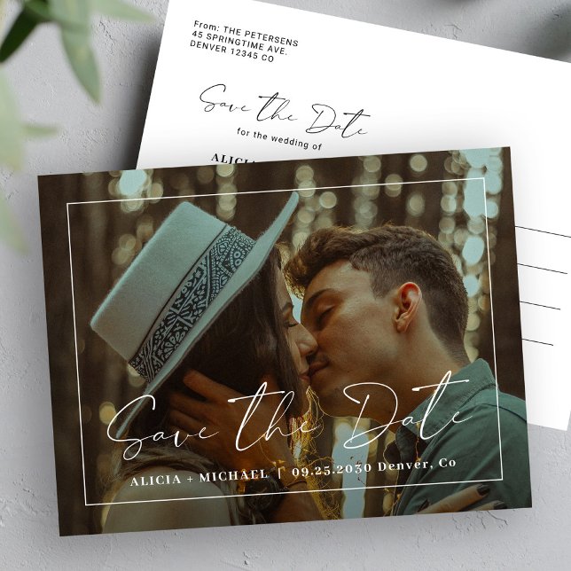 Simple modern elegant script photo wedding announcement postcard (Creator Uploaded)