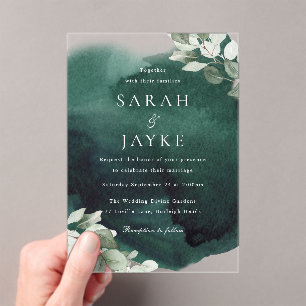 Simple Modern Emerald Green Leaf Wedding Acrylic Invitations