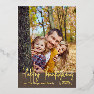 Simple Modern Fall Thanksgiving family Photo Foil Holiday Card