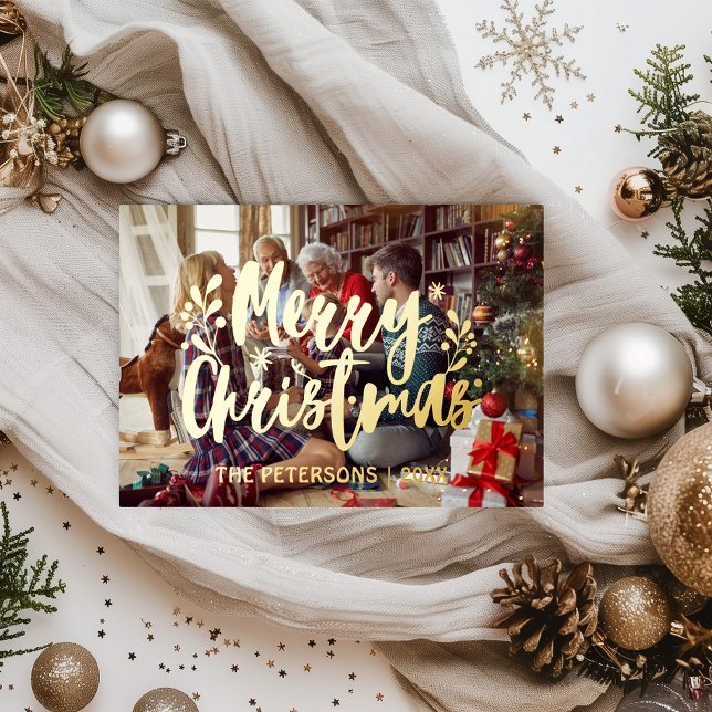 Simple Modern Family Photo Christmas Overlay Gold Foil Holiday Card (Christmas Card Gold Foil Overlay Family Photo Unique Vintage Retro)