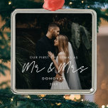 Simple Modern First Christmas as Mr & Mrs Photo Metal Ornament<br><div class="desc">Our first Christmas as Mr and Mrs,  newlywed milestone photo ornament. A modern typography for this photo ornaments collection. To customise with your favourite picture. You can also easily change the colour of the font to your liking.</div>