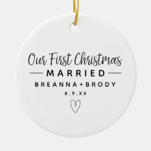 Simple Modern First Christmas Married Photo Ceramic Ornament