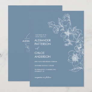 Simple Modern Floral Botanical Dusty Blue Wedding Invitation