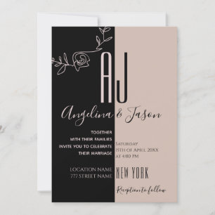 Simple Modern Floral Dusty Rose and Black Wedding Invitation