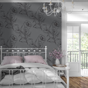 Simple Modern Floral Pattern Dark Grey Wallpaper