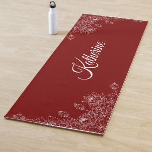 Simple Modern Floral Script Name Burgundy Lotus  Yoga Mat