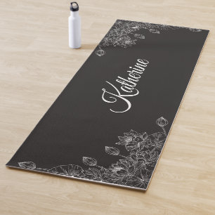 Simple Modern Floral Script Name Grey Lotus Yoga Mat