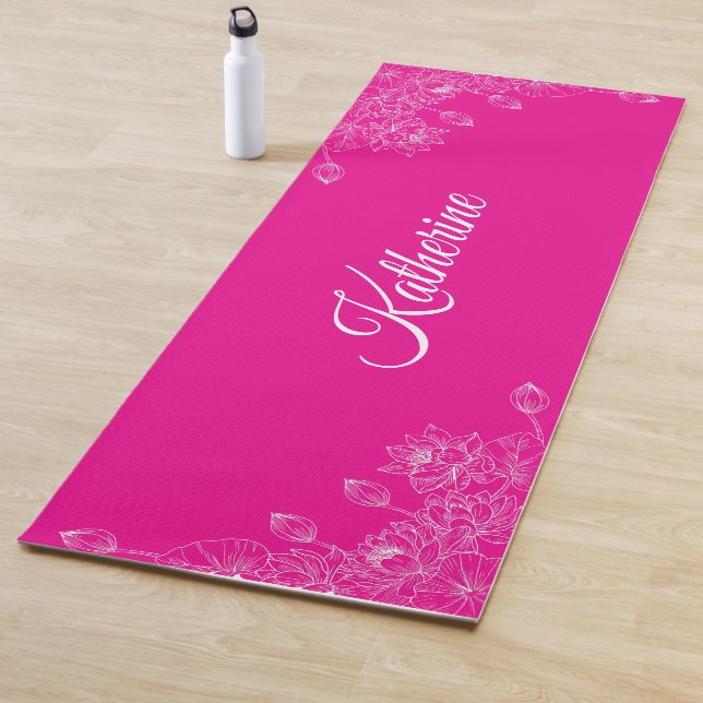 Simple Modern Floral Script Name Hot Pink Lotus  Yoga Mat (In Situ)