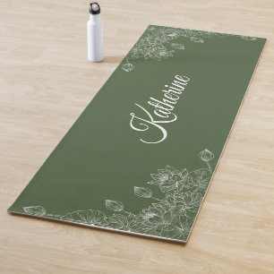 Simple Modern Floral Script Name Olive Green Lotus Yoga Mat