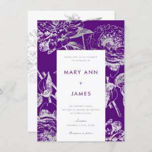 Simple Modern Floral Wedding Silver Purple Invitation