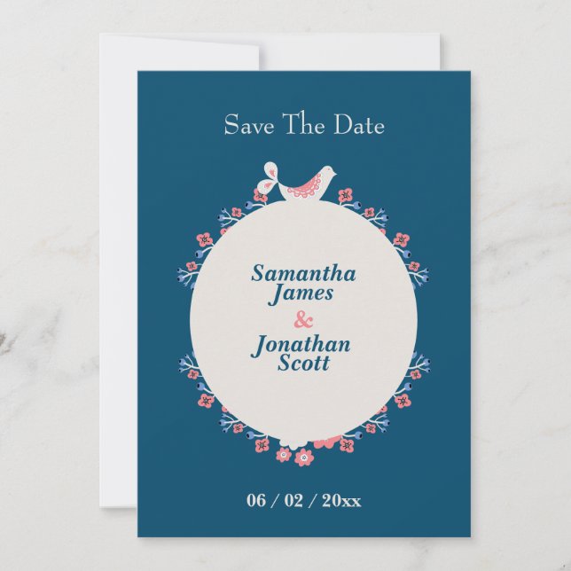 Simple Modern Folk Style Blue Save The Date Invitation (Front)