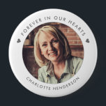 Simple Modern Forever In Our Hearts Photo Button<br><div class="desc">Custom memorial photo buttons with a clean white background and elegant black typography provide a heartfelt way to honor and remember loved ones. The round design features a central photo surrounded by the touching phrase “Forever in Our Hearts” accented with subtle heart icons, creating a timeless and meaningful keepsake. Below...</div>