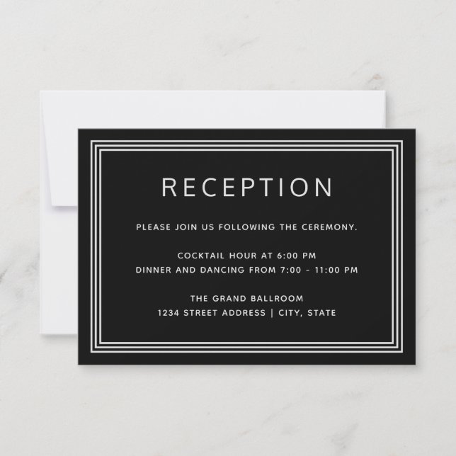 Simple Modern Frame Elegant Black Reception Card (Front)