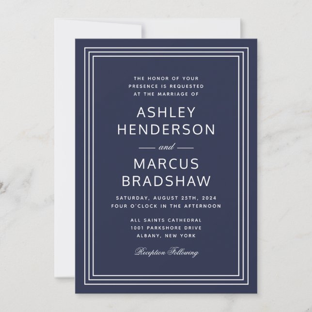 Simple Modern Frame Elegant Navy Wedding Invitation (Front)
