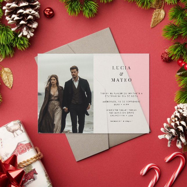 Simple Modern Frosted Spanish Wedding Photo Acrylic Invitations (Insitu (Holiday))