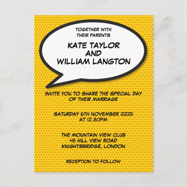 Simple Modern Fun Comic Book Wedding Invitation Postcard (Front)