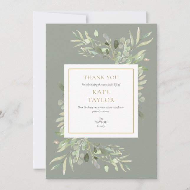 Simple Modern Funeral Memorial Greenery Thank You Card (Front)