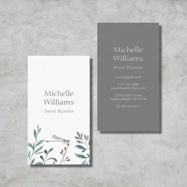 Simple Modern Garden Greenery Botanical Damselfly  Business Card (Creator Uploaded)