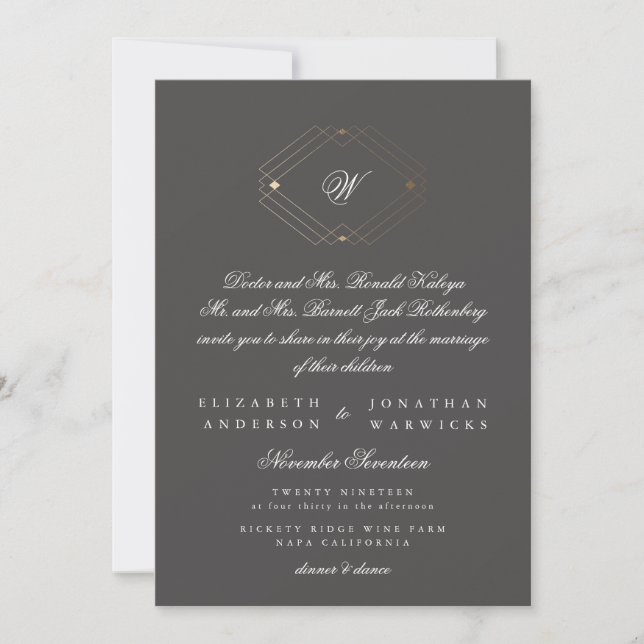 Simple Modern Geometric Charcoal Gold Wedding Invitation (Front)
