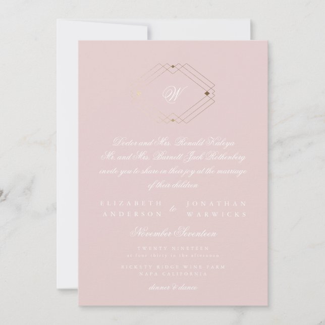 Simple Modern Geometric Gold Blush Pink Wedding Invitation (Front)