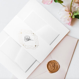 Simple Modern Geometric Gold Diamond Monogram Invitation Belly Band