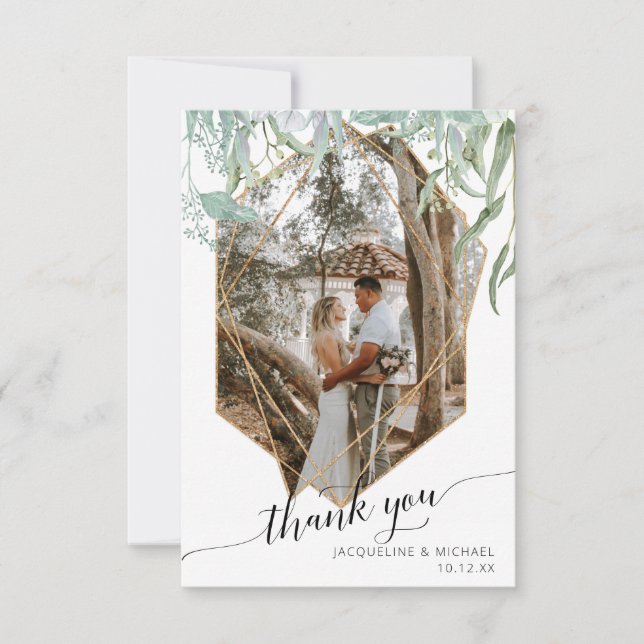 Simple Modern Geometric Gold Leaf Foliage Photo Thank You Card (Front)
