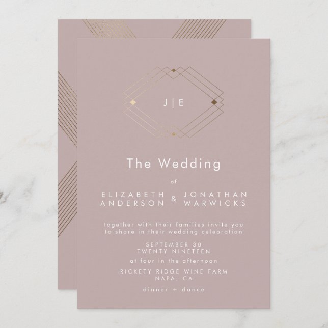 Simple Modern Geometric Gold Taupe Musk Wedding Invitation (Front/Back)