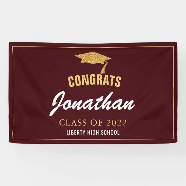 Simple Modern Glitter Grad Red Maroon Graduation Banner (Horizontal)