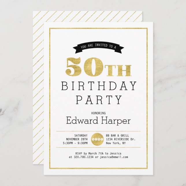 Simple Modern Gold 50th Birthday Party Invitation (Front/Back)